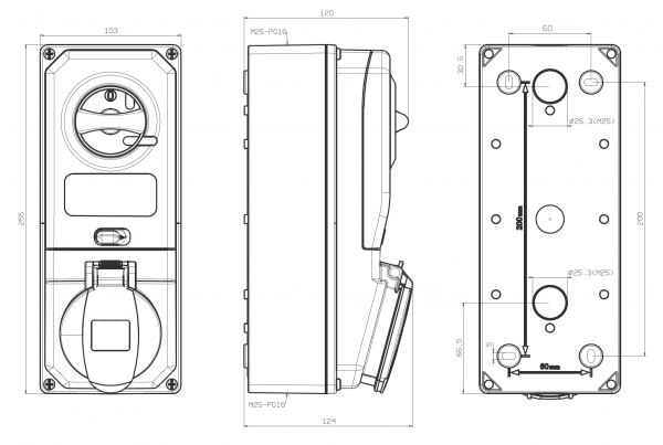 CEE Schaltersteckdose 5x32A IP44 inkl. Sicherung mit Interlock abschaltbar